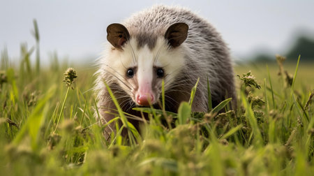 the opossum roams freely in a lush green meadow, its pointed snout twitching as it grazes on the fresh grass, surrounded by vibrant wildflowers and a serene rural landscape, showcasing its unique adaptability to its natural habitat in the american wilderness. ai generatedの素材