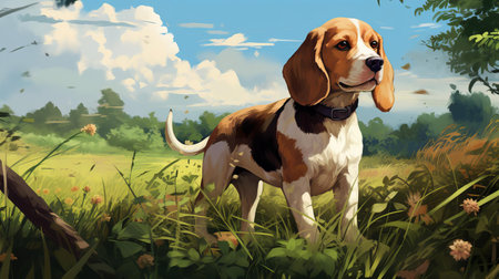 the beagle is peacefully grazing in a lush green field on a sunny day, surrounded by vibrant wildflowers and tall grass, its floppy ears and curious eyes capturing the serenity of the rural landscape, showcasing its natural hunting instincts in a picturesque countryside setting. ai generatedの素材