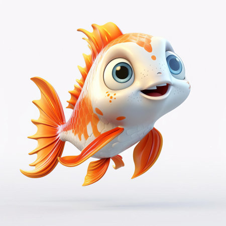 adorable catfish baby swims playfully in a vibrant 3d illustration, reminiscent of pixar's whimsical style, set against a crisp white background, showcasing its endearing features and bright scales, perfect for aquarium enthusiasts and fans of underwater creatures. ai generatedの素材