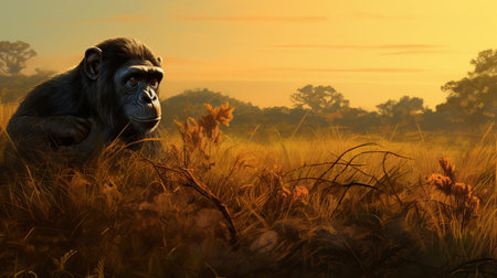 the bonobo, a rare and endangered primate species, is peacefully grazing in a lush green field surrounded by tall trees, showcasing its gentle nature and herbivorous diet, as it roams freely in its natural habitat, highlighting the importance of conservation efforts for these intelligent and social creatures. ai generatedの素材