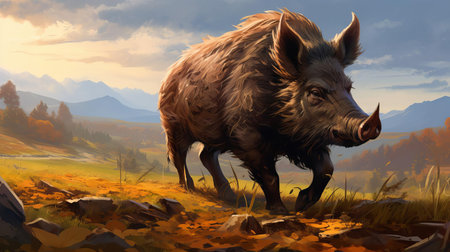 a wild boar is peacefully grazing in a lush green field, surrounded by tall trees and vibrant wildflowers, its coarse fur glistening in the warm sunlight, as it roams freely in its natural habitat, showcasing the beauty of wildlife and the great outdoors. ai generatedの素材