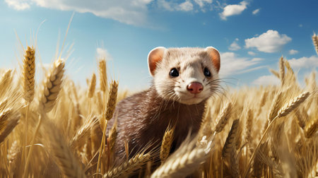 the ferret, with its slender body and curious gaze, grazes peacefully in the lush green field, surrounded by vibrant wildflowers and tall grasses, enjoying the warm sunshine and fresh air on a beautiful summer day, showcasing its natural habitat and playful nature. ai generatedの素材