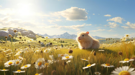 the hamster is peacefully grazing in a lush green field, surrounded by vibrant wildflowers and tall grasses, enjoying the warm sunshine and fresh air, its tiny paws and whiskers twitching as it savors the sweet grass, creating a serene and idyllic summer scene. ai generatedの素材