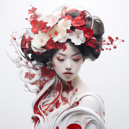 the cherry blossom tree stands majestically against a pristine white background, its delicate pink petals and intricate branches embodying the serene essence of japonism, a style that celebrates the beauty of japanese art and culture, evoking feelings of tranquility and simplicity. ai generatedの素材