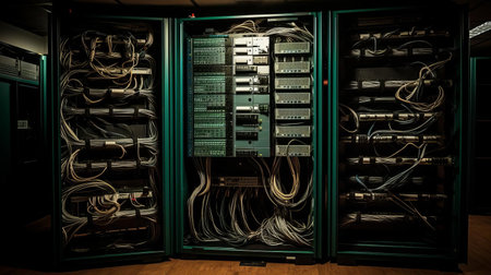 the server rack, cluttered with tangled cables and outdated hardware, desperately requires a thorough renovation to optimize its performance, improve airflow, and reduce the risk of overheating, ensuring a reliable and efficient data center operation. ai generatedの素材