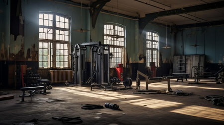 the gym, with its worn-out equipment and faded walls, stands in dire need of renovation, its once-vibrant atmosphere now dulled by years of neglect, awaiting a fresh makeover to restore its former glory and provide a safe, modern space for fitness enthusiasts to thrive. ai generatedの素材