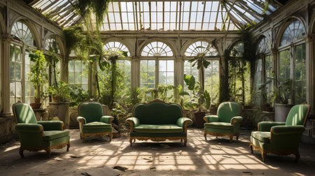 the solarium, once a tranquil retreat, now stands in disrepair, its worn wooden frame and faded glass panels crying out for renovation, awaiting a fresh coat of paint and modern touches to restore its former glory as a serene sunroom oasis. ai generatedの素材