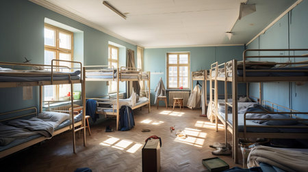 the dormitory, with its worn-out furniture and faded walls, stands in dire need of renovation, its once-vibrant atmosphere now dulled by years of neglect, awaiting a fresh coat of paint and modern amenities to restore its former glory as a comfortable student living space. ai generatedの素材