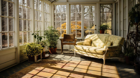 this sunroom, in dire need of renovation, showcases a space filled with potential, boasting large windows that allow natural light to pour in, but worn-out furniture and outdated decor scream for a fresh makeover, perfect for a diy enthusiast or professional contractor. ai generatedの素材