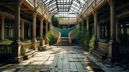 the atrium, a stunning architectural feature, stands in need of renovation, its once-luxurious interior now worn and faded, with peeling paint, cracked tiles, and overgrown plants, crying out for a fresh makeover to restore its former glory and functionality. ai generatedの素材