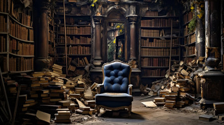 the reading room, with its worn wooden tables and faded armchairs, sits in a state of disrepair, surrounded by dusty bookshelves and peeling wallpaper, awaiting a much-needed renovation to restore its former glory as a cozy hub for book lovers and studious minds. ai generatedの素材