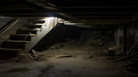 this crawlspace, cluttered with old insulation and debris, desperately needs renovation to improve energy efficiency and reduce moisture issues, requiring a thorough cleanup, new insulation installation, and possibly foundation repair to create a safe and healthy living space. ai generatedの素材