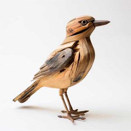 the wooden bird, meticulously handcrafted from natural wood, perches proudly on a pristine white background, showcasing its intricate details and vibrant textures, evoking a sense of rustic charm and whimsy, perfect for nature-inspired home decor and bird enthusiast enthusiasts. ai generatedの素材