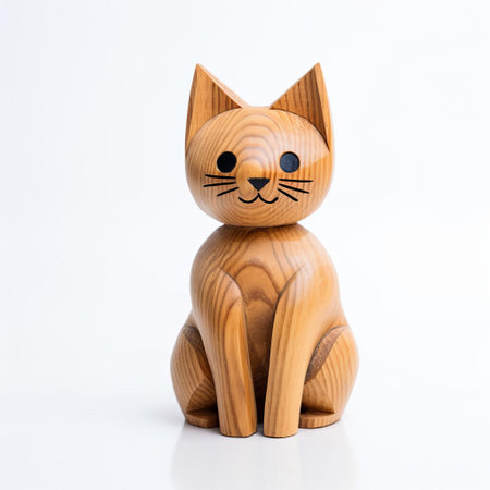 the wooden cat, handcrafted with precision, sits elegantly on a pristine white background, showcasing its full body in a stunning display of artisanal skill, perfect for cat lovers and woodwork enthusiasts alike, highlighting the beauty of natural wood and meticulous craftsmanship. ai generatedの素材