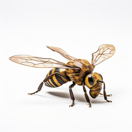 this intricately crafted handmade wood bee, showcased against a pristine white background, boasts exquisite details, capturing the essence of nature's busy insect, with its full body meticulously carved to perfection, highlighting the beauty of wooden artistry and precision craftsmanship. ai generatedの素材