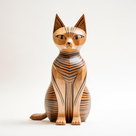 the wooden cat, crafted with precision and care, sits proudly on a pristine white background, showcasing its intricately carved full body, capturing the essence of feline elegance, perfect for animal lovers and wooden decoration enthusiasts alike, adding a touch of rustic charm to any room. ai generatedの素材