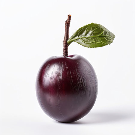 the plum, a luscious and juicy stone fruit, is beautifully showcased on a pristine white background, its vibrant purple skin glistening in the light, highlighting the intricate details of its natural texture, a testament to the artisan's skill in crafting this stunning handmade wooden replica. ai generatedの素材