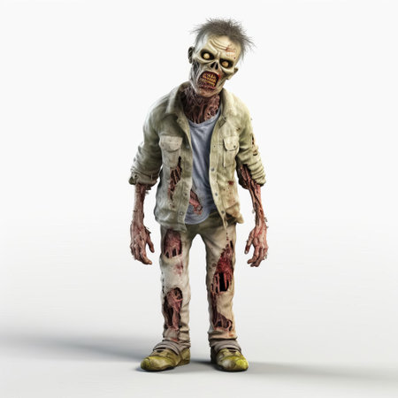 a 3d indifferent zombie stands alone against a crisp white background, its full body pose exuding an eerie sense of apathy, perfect for horror or halloween-themed designs, adding a touch of undead realism to your digital art or graphic projects. ai generatedの素材