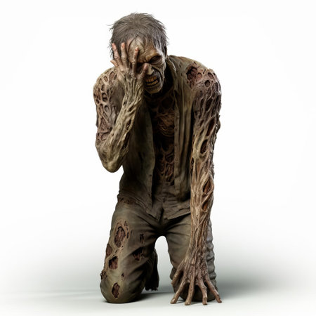 a 3d embarrassed zombie stands awkwardly against a pristine white background, its undead flesh a stark contrast to the clean surroundings, its full body language screaming of shame and regret, as if it's aware of its own gruesome appearance, adding a touch of dark humor to this eerie scene. ai generatedの素材