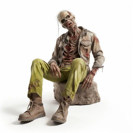 a 3d relaxed zombie stands calmly on a pristine white background, its undead body language exuding a sense of eerie calmness, showcasing intricate details of its full body, from tattered clothes to decaying skin, perfect for horror or halloween-themed designs and digital art projects. ai generatedの素材