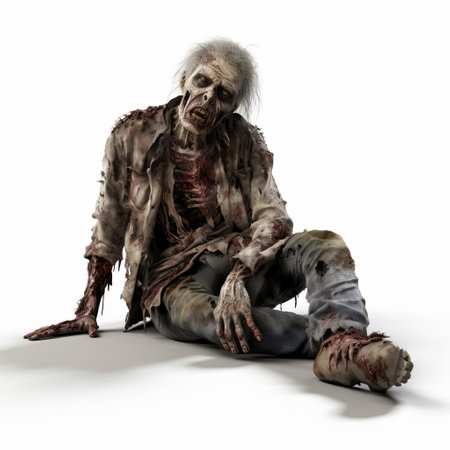 a 3d tired zombie stands alone on a pristine white background, its full body rendered in exquisite detail, showcasing the undead creature's exhaustion and decay, with worn-out skin, sunken eyes, and a limp posture, evoking a sense of post-apocalyptic despair and eerie atmosphere. ai generatedの素材