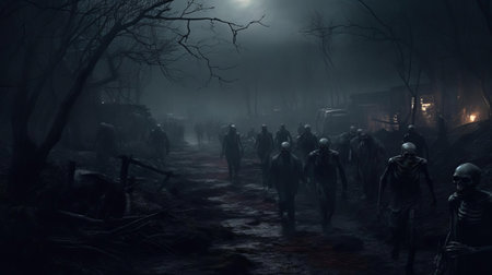 a haunting zombie game scene unfolds in the dark of night, eerie shadows cast on the walls as undead creatures lurk in the darkness, awaiting their next victim, surrounded by abandoned city streets, creepy atmosphere, and a sense of foreboding doom. ai generatedの素材