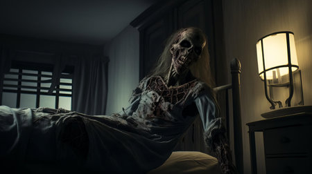 the zombie game setup in the bedroom showcases a thrilling scene of a post-apocalyptic world, with undead creatures lurking in the shadows, surrounded by scattered gaming accessories, consoles, and a dimly lit atmosphere, perfect for an immersive gaming experience in the comfort of one's own home, highlighting the excitement of survival horror games. ai generatedの素材