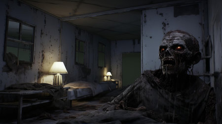 the zombie game player sits surrounded by darkness in a cluttered bedroom, illuminated only by the glow of the tv screen, fully immersed in a virtual world of horror and survival, with game controllers and snacks scattered around, creating a eerie atmosphere of a late-night gaming session. ai generatedの素材