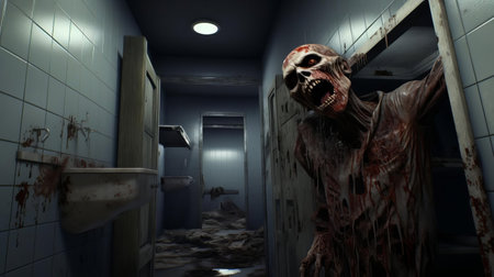 the undead creature, a zombie, is eerily positioned in a dimly lit bathroom, surrounded by eerie shadows and an atmosphere of dread, evoking a sense of survival horror in this haunting video game scene, perfect for fans of apocalyptic fiction and post-apocalyptic thrillers. ai generatedの素材