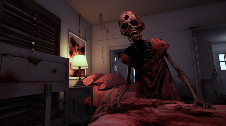 the zombie game setup in this dimly lit bedroom is a thrilling scene, with undead figurines scattered across the bed and floor, surrounded by gaming accessories and rulebooks, evoking a sense of apocalyptic chaos and immersive tabletop adventure. ai generatedの素材