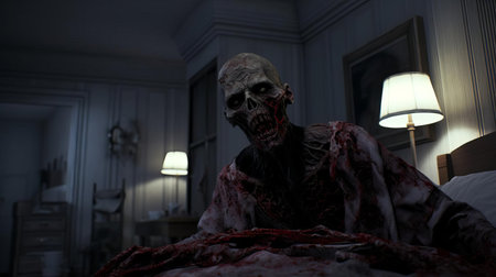 the zombie game setup in the bedroom showcases a thrilling scene of undead chaos, with scattered game pieces, dice, and character cards amidst a messy bed and bedside table, evoking a sense of apocalyptic fun and immersive tabletop gaming experience. ai generatedの素材