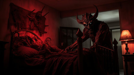 the demon game setup in the bedroom showcases a thrilling scene, with a ouija board and eerie candles surrounding it, evoking a sense of mystery and horror, perfect for fans of paranormal activities and spooky atmospheres, capturing the essence of a haunting gaming experience. ai generatedの素材