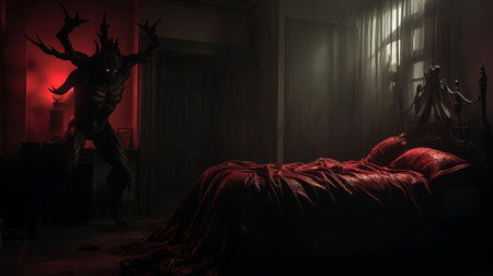 the demon game setup in this bedroom showcases a thrilling scene, with a ouija board placed on a dimly lit table, surrounded by candles and eerie decorations, creating a spooky atmosphere, perfect for a horror-themed game night or a thrilling paranormal investigation. ai generatedの素材