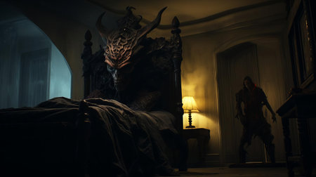 the demon game setup in the bedroom showcases a thrilling scene, with a ouija board and eerie candles illuminating the dark atmosphere, perfect for a spooky night in with friends, exploring the world of horror and the supernatural, and testing the boundaries of fear and courage. ai generatedの素材