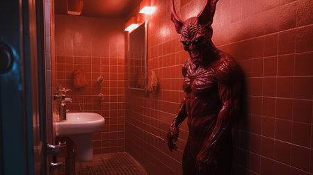 the demon game player is surrounded by steamy mirrors and dim lighting in this eerie bathroom setting, evoking a sense of foreboding and dread, as if the game itself is summoning dark forces, perfect for fans of horror and supernatural themes. ai generatedの素材