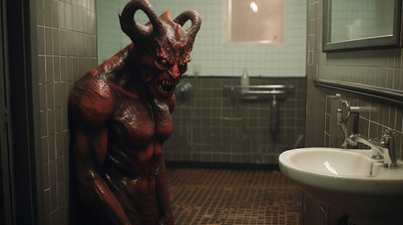 the demon, with its eerie presence, is seen lurking in the bathroom, surrounded by steamy mirrors and dim lighting, creating a haunting atmosphere, evoking feelings of fear and unease, as if something sinister is about to unfold in this private and intimate space. ai generatedの素材