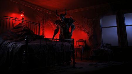 the demon game setup in the bedroom showcases a thrilling atmosphere, with dim lighting and eerie shadows surrounding the gaming console, controller, and screen, creating an immersive experience for gamers who enjoy playing horror games in a cozy setting. ai generatedの素材