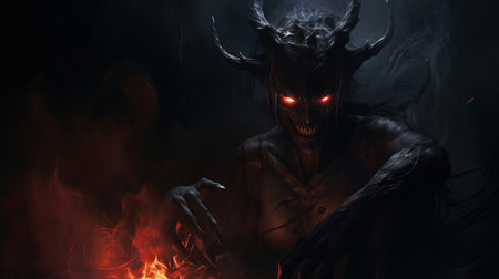 the demon game player sits alone in the dark, surrounded by eerie shadows, intensely focused on the screen as the haunting atmosphere of the dark fantasy game envelops them, with flickering candles and dim lighting adding to the ominous ambiance. ai generatedの素材