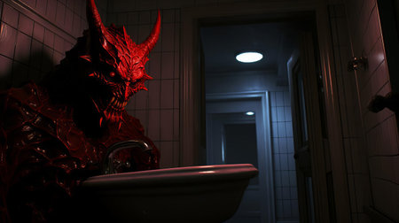 the demon game figurine sits eerily on the bathroom counter, surrounded by toiletries and personal care items, creating a haunting contrast between the mundane and the supernatural, evoking a sense of unease and foreboding in this unusual still life photography. ai generatedの素材