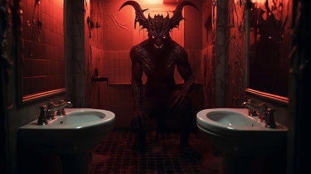 the demon, with its eerie glow, appears to be lurking in the bathroom, surrounded by steamy mirrors and dim lighting, creating a haunting atmosphere, evoking feelings of fear and unease, as if something sinister is lurking in the shadows, waiting to pounce. ai generatedの素材