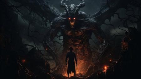 the demon game player sits alone in the dark room, surrounded by dimly lit candles, intensely focused on the screen as the eerie atmosphere amplifies the thrill of the horror game, with shadows dancing on the walls, creating an ominous mood. ai generatedの素材