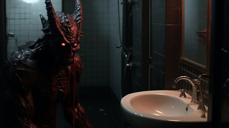 the demon, with glowing red eyes, sits on the edge of the bathroom sink, surrounded by eerie shadows, creating an ominous atmosphere, as if summoned from the depths of hell, in this haunting and surreal game-inspired scene, capturing the essence of dark fantasy and horror elements. ai generatedの素材