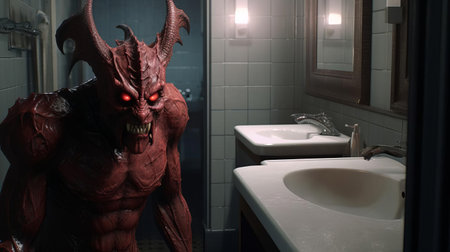 the demon game enthusiast sits in a dimly lit bathroom, surrounded by eerie shadows, intensely focused on the screen as the digital battle unfolds, the sound of rushing water and faint whispers adding to the haunting atmosphere of this unusual gaming setup. ai generatedの素材