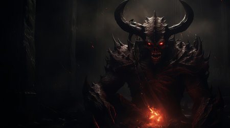 the demon game player sits alone in the dark, surrounded by eerie shadows, intensely focused on the screen as the dimly lit room is filled with an air of mystery and suspense, evoking a sense of thrill and adventure in this nocturnal gaming scene. ai generatedの素材