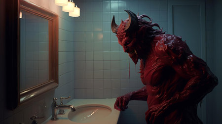 the demon, illuminated by the dim bathroom light, appears to be playing a sinister game of darkness and shadows, its eerie presence reflected in the foggy mirror, surrounded by eerie bathroom accessories, creating a haunting atmosphere of fear and mystery. ai generatedの素材