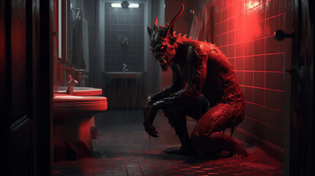 the demon, with its eerie red eyes, appears to be lurking in the bathroom, surrounded by steam-covered mirrors and dimly lit tiles, creating a haunting atmosphere, perfect for a horror game setting, evoking feelings of fear and unease in this spooky bathroom scene. ai generatedの素材