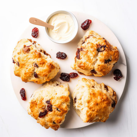 scones, freshly baked and still warm, sit invitingly on a crisp white background, surrounded by a light dusting of powdered sugar, evoking feelings of comfort and warmth, perfect for a cozy afternoon tea or breakfast gathering with friends and family, accompanied by clotted cream and sweet jam. ai generatedの素材