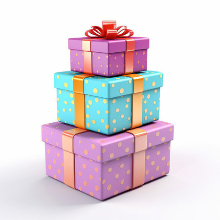 a colorful 3d cartoon gift box sits isolated on a pristine white background, adorned with a vibrant bow and overflowing with excitement, perfect for illustrating festive occasions, celebrations, and special events, evoking feelings of joy and surprise in digital designs and graphics. ai generatedの素材