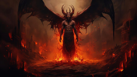 the demon, engulfed in flames, stands tall in the depths of hell, its full body radiating an aura of malevolence, with razor-sharp horns and piercing eyes that seem to burn with an inner fire, surrounded by a backdrop of burning brimstone and eternal darkness. ai generatedの素材