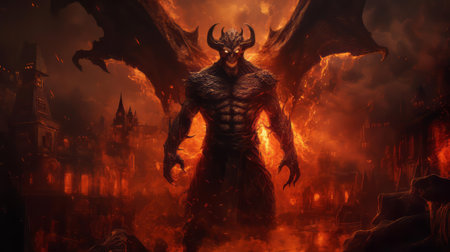the demon, engulfed in flames, stands tall in the depths of hell, its full body a testament to its malevolent power, with razor-sharp horns, glowing red eyes, and massive wings spread wide, exuding an aura of darkness and evil in this hauntingly vivid depiction of the underworld. ai generatedの素材